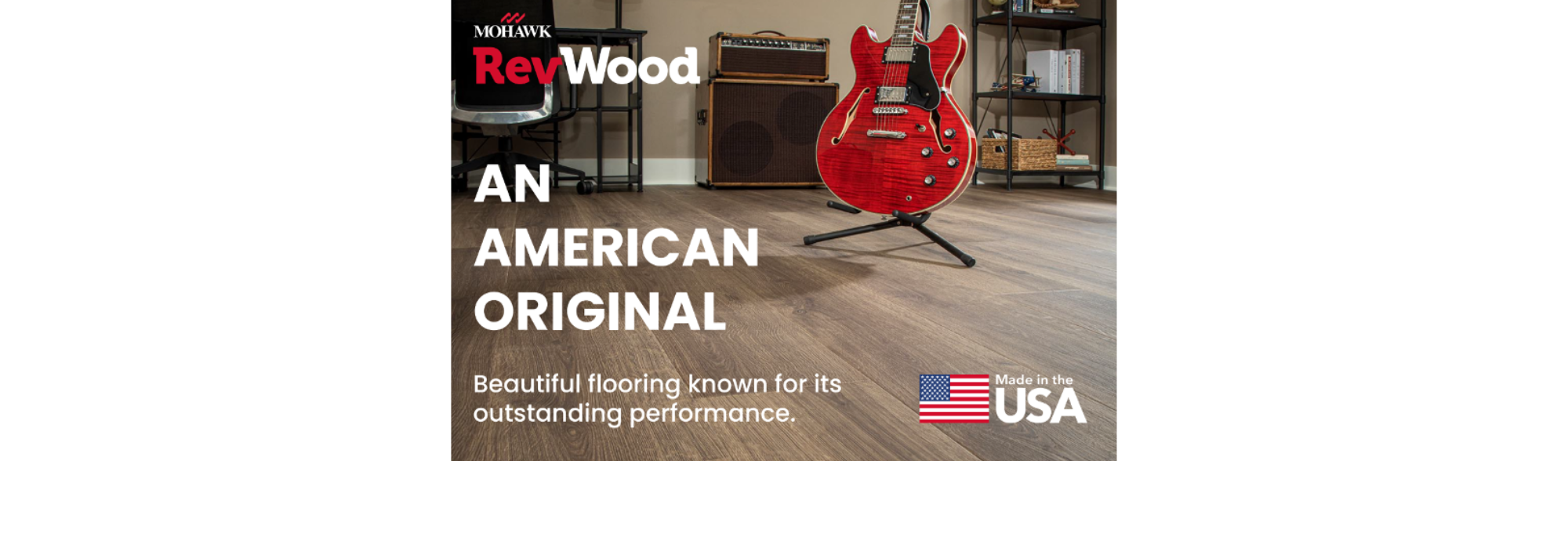 RevWood Flooring Ad featuring a red electric guitar